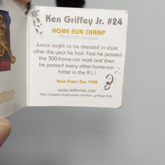 1998 Salvino's Bammers Black Tuxedo #24 Ken Griffey Jr Beanie Bear - Picture 3 of 6